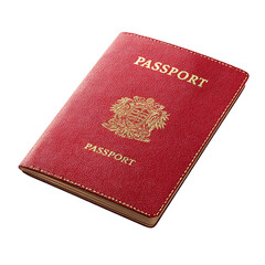 Red passport with gold embossing lying diagonally Travel document for international identification and citizenship verification
