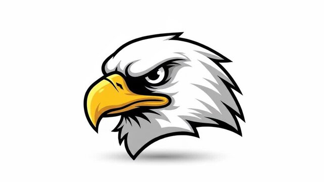 A fierce eagle head, stylized with bold black outlines, white feathers, and a sharp yellow beak, set against a stark white background with a subtle drop shadow