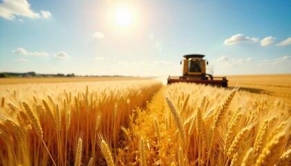 Fototapeta premium Golden wheat field under a summer sun, ripe for harvest Combines in the distance ready to begin the work Abundant crop ready for processing , crop, natural