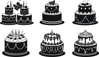 Beautiful vintage black and white cake silhouettes, various layered birthday cakes with candles, cherries, frosting, decoration, dessert, celebration, party icons