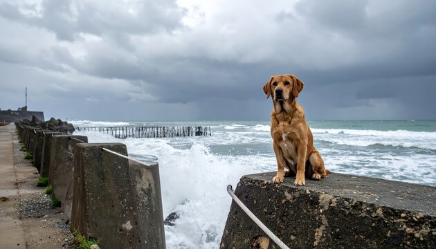 Labrador retriever sitting on pier during stormy weather