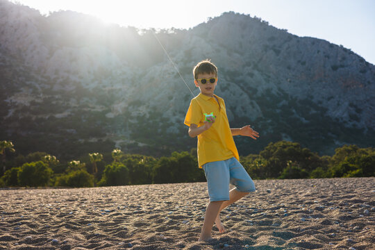 Young boy flying a kite on a sunny beach day