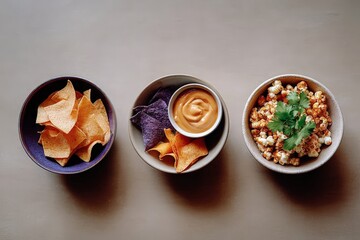 Assorted snacks with dips: chips and popcorn display on grey background