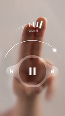 Modern collage. Hand adjusting futuristic digital volume control interface with glowing symbols....