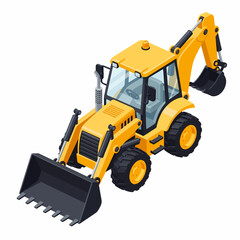Fototapeta premium A yellow backhoe loader with a front loader and a rear excavator arm, depicted in a realistic isometric illustration against a white background.