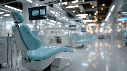 Modern dental clinic showing empty turquoise chairs and teeth x ray on monitor