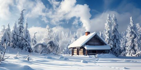 Snow-covered cabin in serene winter landscape