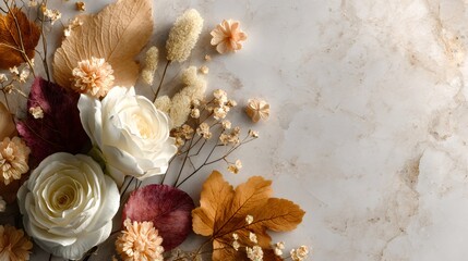 Bouquet of dried flowers and roses lying on marble table