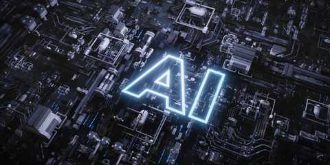 3D Render of Glowing AI Icon on Complex Digital Chip Network Futuristic Tech
