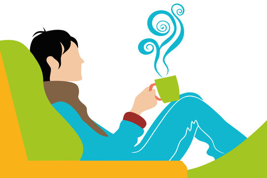 A young adult sits comfortably in a vibrant chair, cradling a green cup filled with steaming hot beverage. The cozy atmosphere is inviting for a restful afternoon