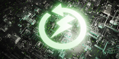 Glowing green renewable energy icon on futuristic digital circuit 3D abstract eco technology background
