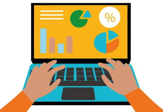 Cropped person working on data analysis using a laptop with colorful graphs and charts