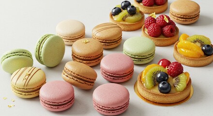 An assortment of colorful macarons and fruit tarts arranged on a bright surface