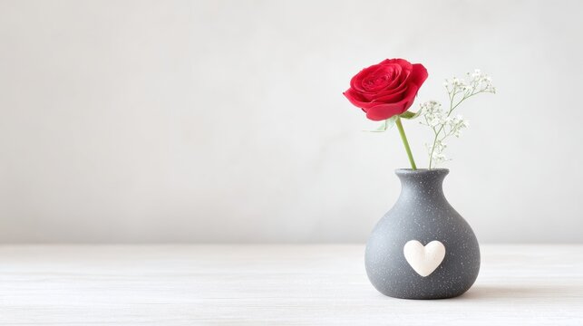 Single red rose in vase with heart symbol on table - Powered by Adobe