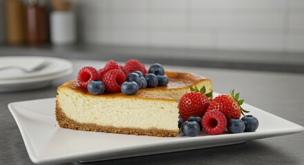Cheesecake slice on white plate topped with raspberries blueberries strawberries Kitchen backdrop