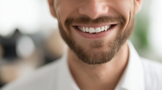 Close-up of smiling young Caucasian man with beard and white teeth, neutral indoor background, for dental clinics, personal care brands, and lifestyle blogs