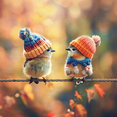 Romantic Birds on a Wire Looking at Each Other in a Warm Atmosphere