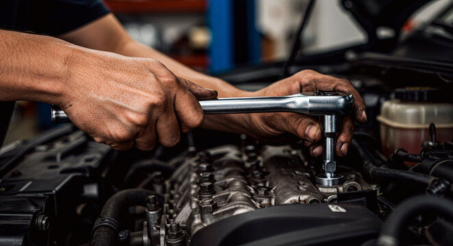 Mechanic using ratchet wrench while repairing engine in garage, for automotive blogs, repair service websites, and technical training materials - Powered by Adobe
