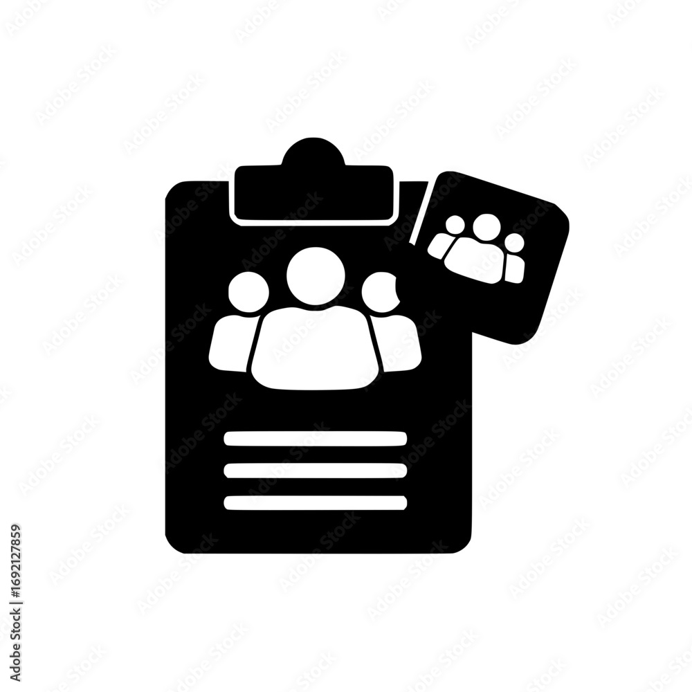 Poster clipboard and group symbol vector for staff records company structure and employee data management