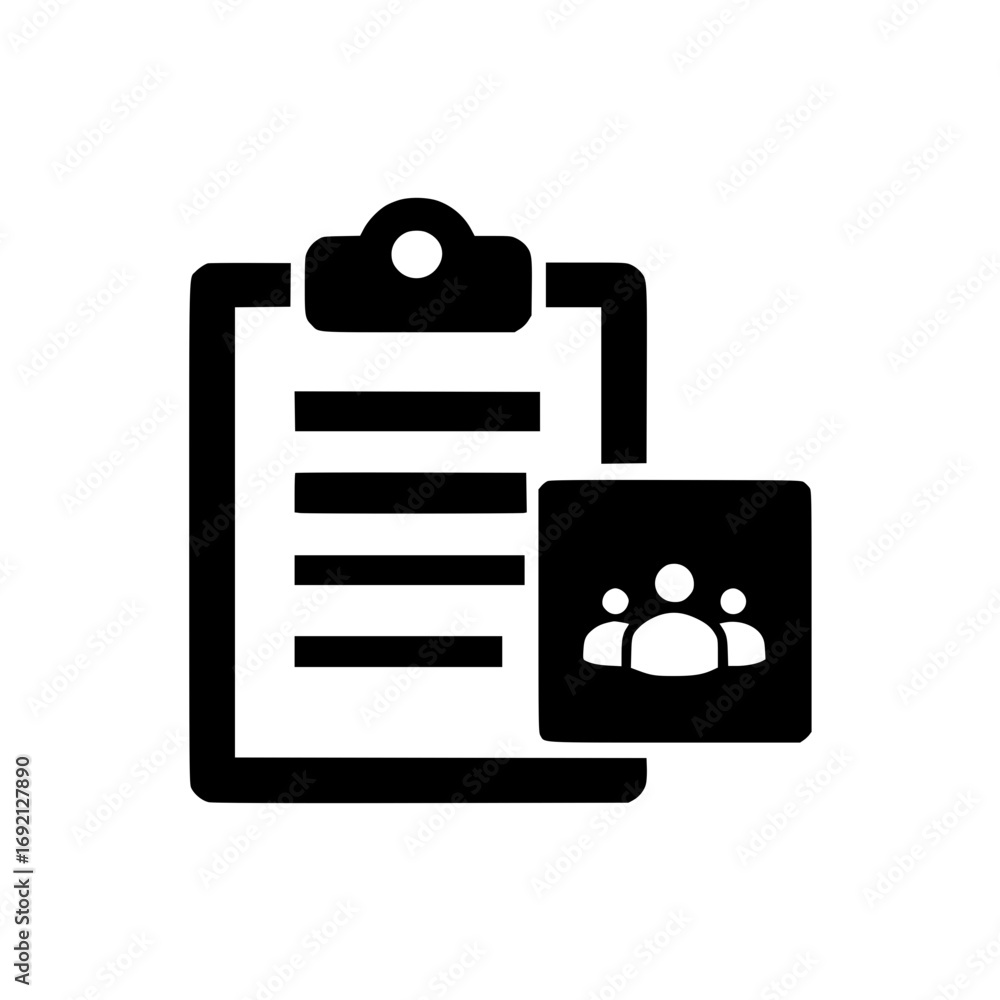 Poster clipboard with group icon representing team collaboration employee records and organizational data
