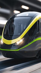 Modern red train in motion along city tracks with historic architecture in the background during the late afternoon