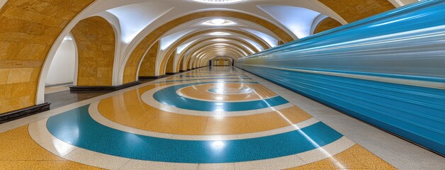 Vibrant subway station with circular tiled design and moving train during daytime in a modern urban setting