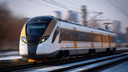 Naklejka premium High-speed train traveling through a snowy landscape in an urban setting during early morning hours