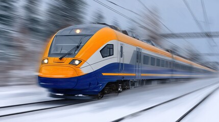 Fototapeta premium High-speed train traveling through a snowy landscape in an urban setting during early morning hours