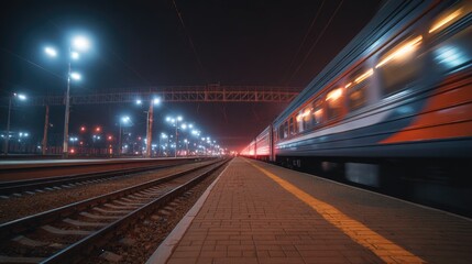Nighttime view of a vibrant railway station showcasing illuminated tracks and surrounding architecture in a bustling urban area