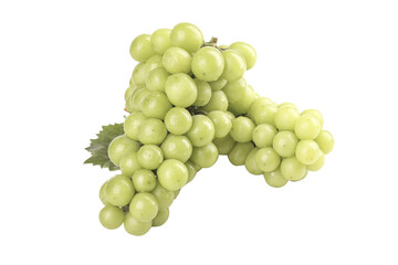 Fresh Green Grapes Cluster with Leaves Isolated on White Background