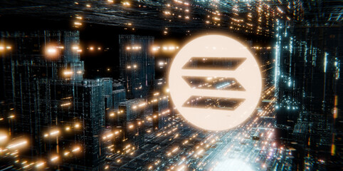 Fototapeta premium Glowing parallel lines icon in a futuristic digital city Abstract 3D render of network and blockchain technology