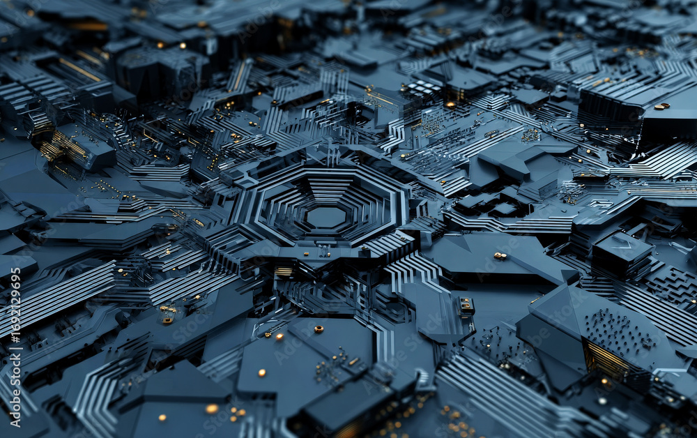 Poster close-up view of a complex electronic circuit board with various components