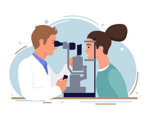 Laser vision correction. Male ophthalmologist and patient. Flat style.