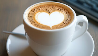 Close-up of Delicious Coffee with Heart Latte Art in White Cup on Saucer for Morning Refreshment