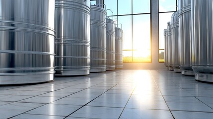 Large stainless steel fermentation tanks lined up in a bright industrial warehouse during the day showcasing modern brewing technology and equipment