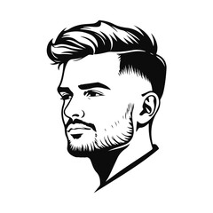 Stylized male face with thick hair and full beard, strong expression, bold lines, monochrome vector portrait, hipster style, bearded man, modern haircut, masculine face, vector portrait