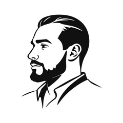 Stylized male face with thick hair and full beard, strong expression, bold lines, monochrome vector portrait, hipster style, bearded man, modern haircut, masculine face, vector portrait