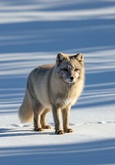 Obraz premium Arctic fox standing on snow-covered ground in bright sunlight 