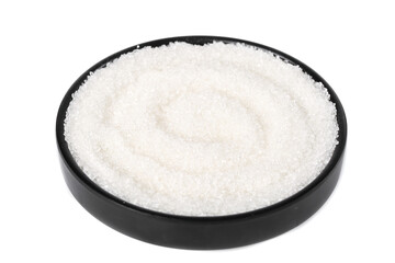 White granulated sugar crystals in black bowl - cooking and baking ingredient on white background