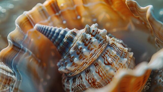 Close-up of a sea shell partially submerged in water, great for underwater or beach-themed images