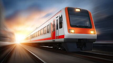 Naklejka premium Train arriving at a modern station during the day with clear skies and fluffy clouds in the background
