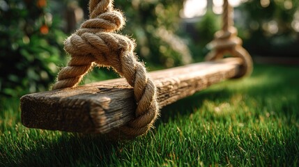 Close-up of a rustic wooden swing set.
