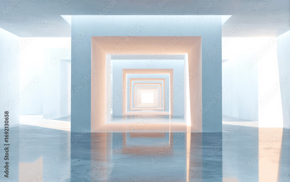 Poster modern geometric corridor with multiple glowing square frames