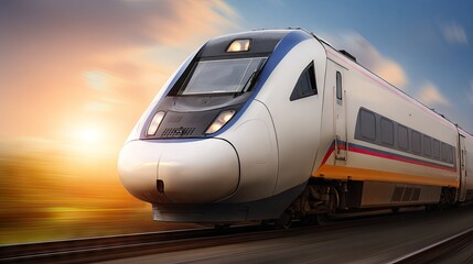 Naklejka premium High-speed train in motion along modern railway tracks near urban skyline with blurred background during daylight