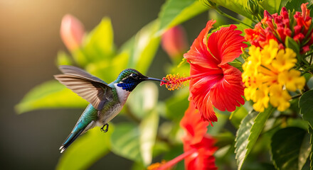 Fototapeta premium Hummingbird feeding on vibrant hibiscus flowers in a sunny garden, capturing nature's beauty