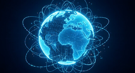 Glowing digital globe with orbital data streams — global connectivity, network visualization and internet of things concept