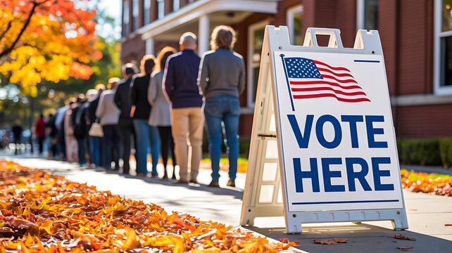 Long line of people waiting to vote at polling station with vote here sign