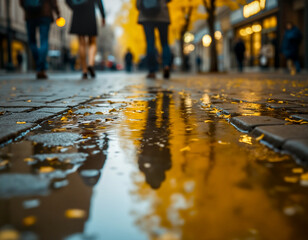 A low-angle, close-up shot of a wet, cobblestone street with scattered autumn leaves. The water reflects the blurry, elongated silhouettes of people walking in the background.