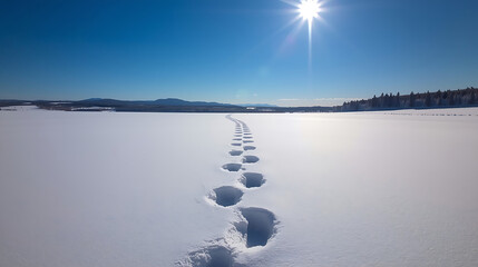 A path of deep footprints extends across an open, snow-covered field towards distant hills and mountains under a clear blue sky.
