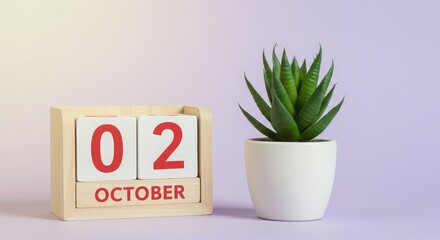 Charming wooden perpetual calendar displays October 2nd next to a vibrant green succulent in a clean white pot on a soft pastel background